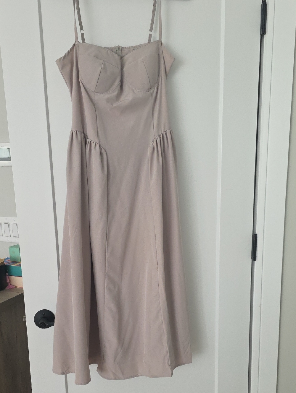Elegant Taupe Midi Corset Dress with Adjustable Spaghetti Straps